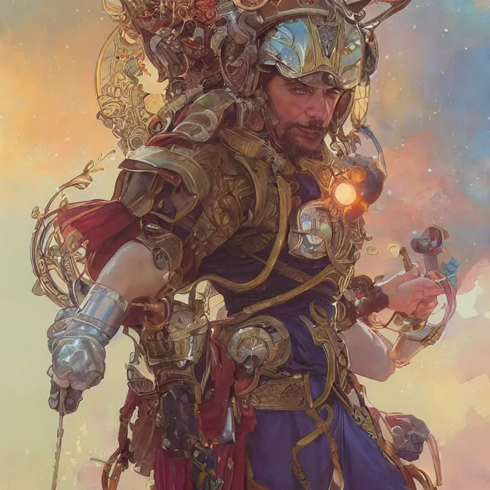 Image similar to gatot kaca as super heroes, closed up portrait, highly detailed, gold filigree, fantasy, soft cinematic lighting, award, disney concept art, watercolor illustration by mandy jurgens and alphonse mucha and alena aenami, pastel color palette, featured on artstation