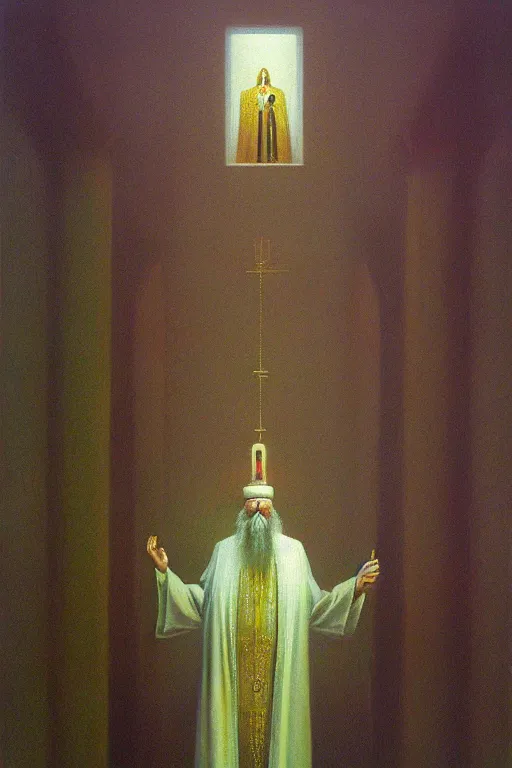 Prompt: an orthodox patriarch in a very tall russian temple, in style of Zdzislaw Beksinski,