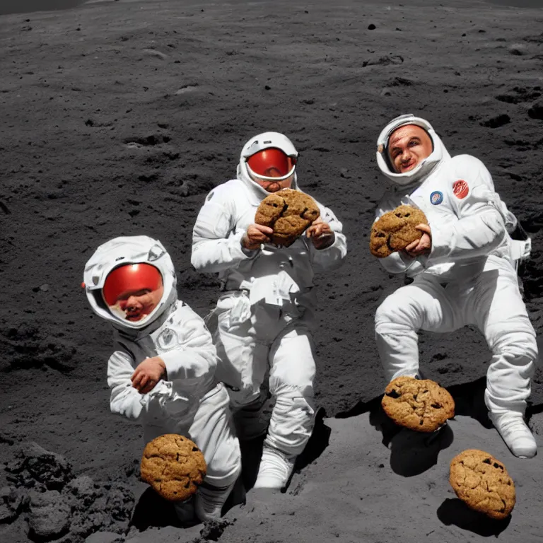 Image similar to Al pachino and Robert dinero eating cookies on the moon