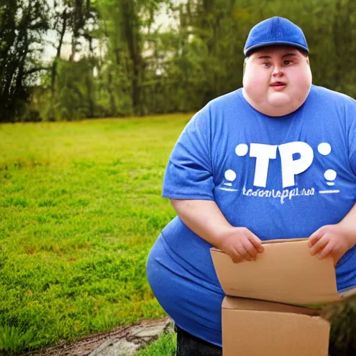 Prompt: very obese man with a t-shirt and a cap with the letter P, dedicating a book