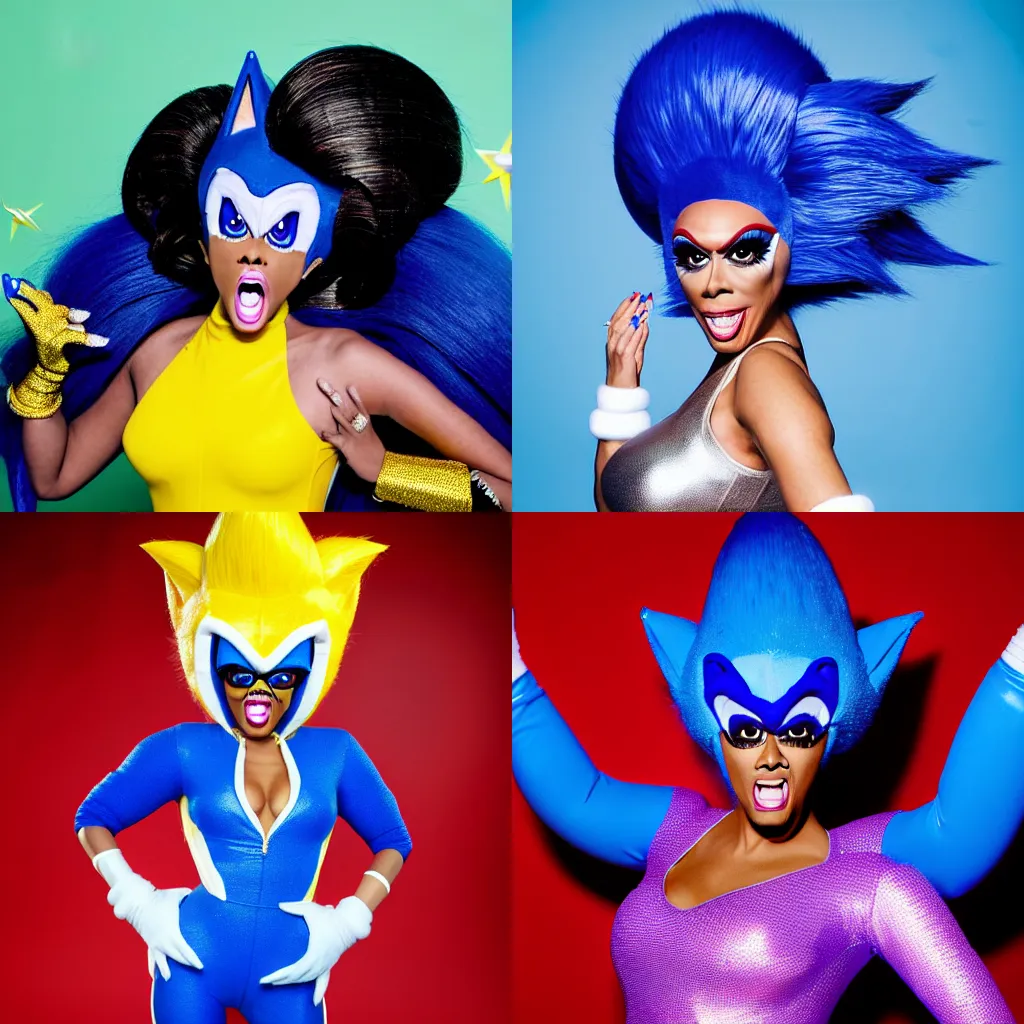 Prompt: high quality studio portrait of a RuPaul's Drag Race contestant dressed like Sonic the Hedgehog, Sonic cosplay