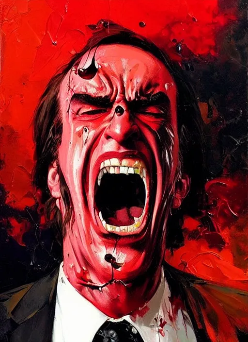 Image similar to saul goodman angry, screaming, red face, spit flying from mouth, stylistic painting by 'phil hale'!!!! high quality hd