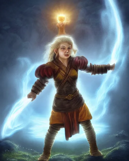 Prompt: full body portrait of a female halfling hobbit monk fistfighter, hallucinating a holy vision of her goddess of mist and light, flowing robes and leather armor, detailed dynamic light painting by albrecht anker