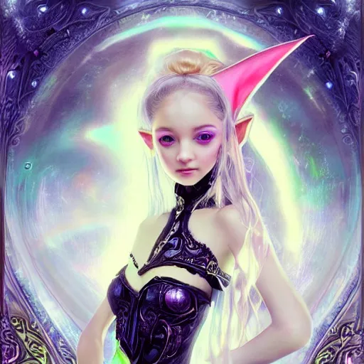 Image similar to A portrait of an ethereal, mysterious stunning maximalist mesmerizing elven girl with elf ears from the rainbow sky paradise in Tron: Legacy (2010), high-tech, Victorian gothic lolita fashion, highly detailed, very beautiful painting by artgerm and WLOP, inspired by Mark Ryden and Hiroyuki-Mitsume Takahashi