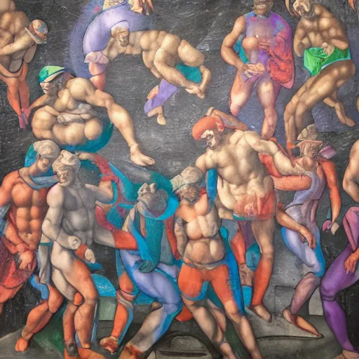 Image similar to a michelangelo mural of rave party