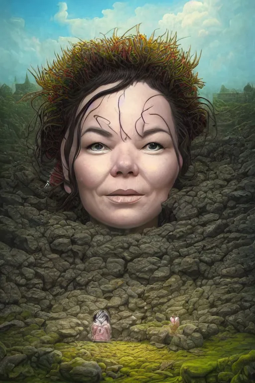 Prompt: bjork portrait by hubert robert and lee madgwick and roger dean and jacek yerka, dan mumford and alex grey style, soft lighting, 4 k hd wallpaper illustration concept joy atmospheric lighting