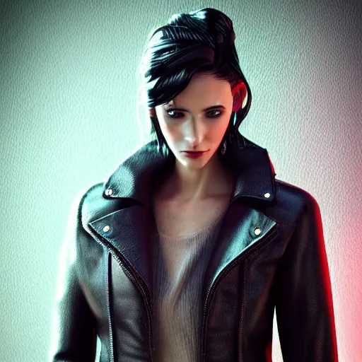 Image similar to stylish woman cartoon portrait made out of rain, leather jacket, cyberpunk background, rendered in octane, unreal engine, highly detailed, trending on artstation, realistic, splashes of neon, beautiful