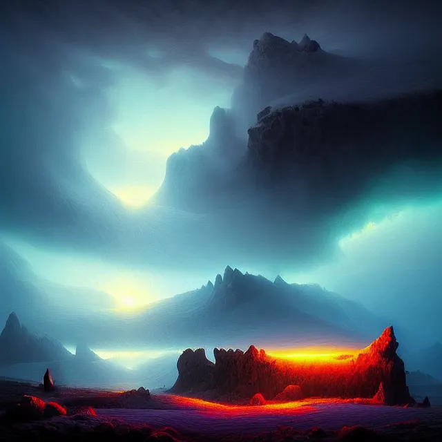 Image similar to fantasy aerial iceland landscape is seen inside the human eye!!!!!, volumetric lighting, colorful, sharp and focus, ultra detailed, beautifully lit landscape, astrophotography, in the art style of dan mumford, ivan aivazovsky and marc simonetti