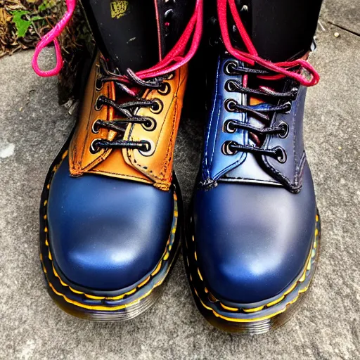 Image similar to a battered old pair of Dr martens boots, boots are blue, laces are multicoloured