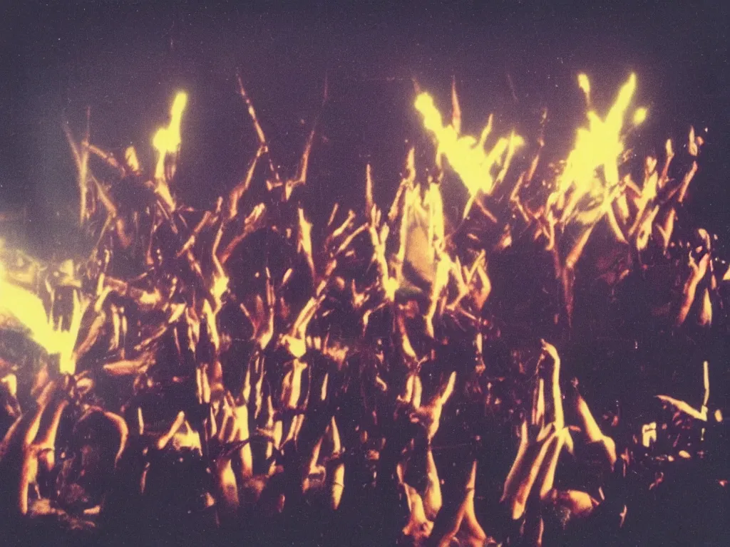 Prompt: 80s polaroid colour flash photograph of Rammstein concert pyrotechnics