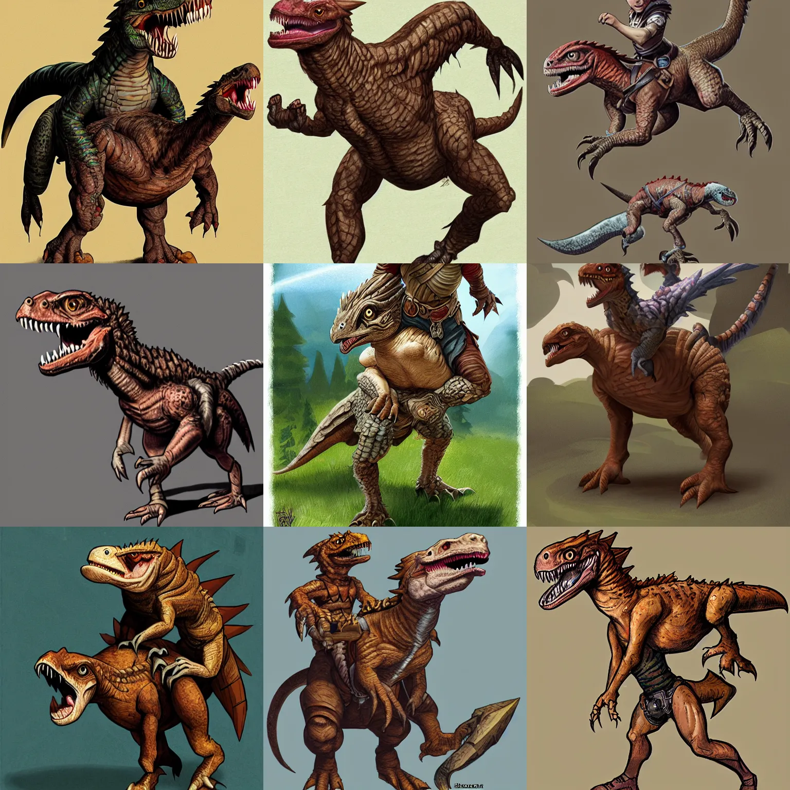 Prompt: a full - body character portrait of a halfling riding a velociraptor, d & d, concept art