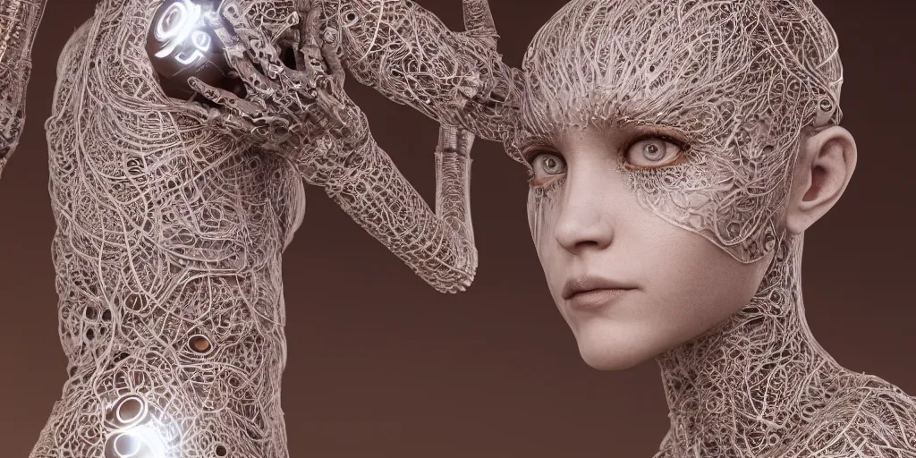 Image similar to ! dream hyperrealistic photography of a female cyborg humanoid, glowing eyes, holding, grasping, highly detailed intricate filigree, in the style of beth cavener, jin kagetsu, wlop,, symmetry, masterpiece, concept art, highkey lighting, ambient lighting, hard key light, octane render, 8 k, artstation