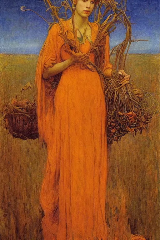 Image similar to queen of the harvest with her bounty by Annie Swynnerton and Nicholas Roerich and jean delville, strong dramatic cinematic lighting , ornate headdress , flowing robes, lost civilizations, smooth, sharp focus, extremely detailed