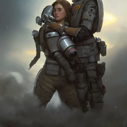 Image similar to epic portrait an space soldier hugging an female medic soldier, battlefield, explosions, cloudy, digital painting, artstation, concept art, soft light, hdri, smooth, sharp focus, illustration, fantasy, intricate, elegant, highly detailed, D&D, matte painting, in the style of Greg Rutkowski and Alphonse Mucha and artemisia, 8k, highly detailed, jurgens, rutkowski, bouguereau, pastoral, rustic, georgic, detailed concept art, illustration, colorful pastel, painting, detail, ultra detailed, digital art, 4K,