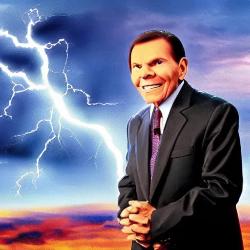 Image similar to kenneth copeland struck by lightning bold from the sky, fire around, open field