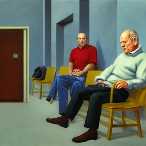 Prompt: werner herzog sits in the waiting room at the dmv, holding boltcutters. style of edward hopper, award winning, photo realistic, dynamic lighting, very detailed face, 4 k, chris ware