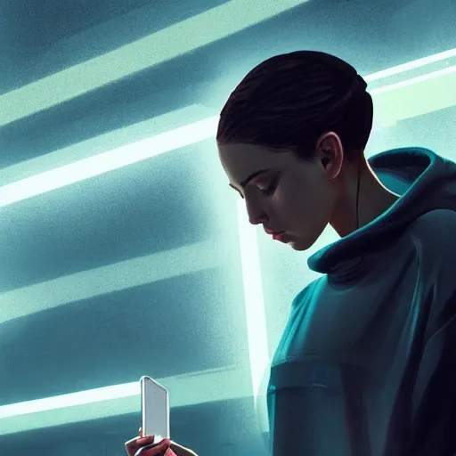 Image similar to portrait of attractive slav heroine wearing an addidas tracksuit with a phone in hand. illuminated phone screen, slav building in backround, by greg rutkowski and wlop, detailed, cinematic, 8 k, intricate, rule of thirds.