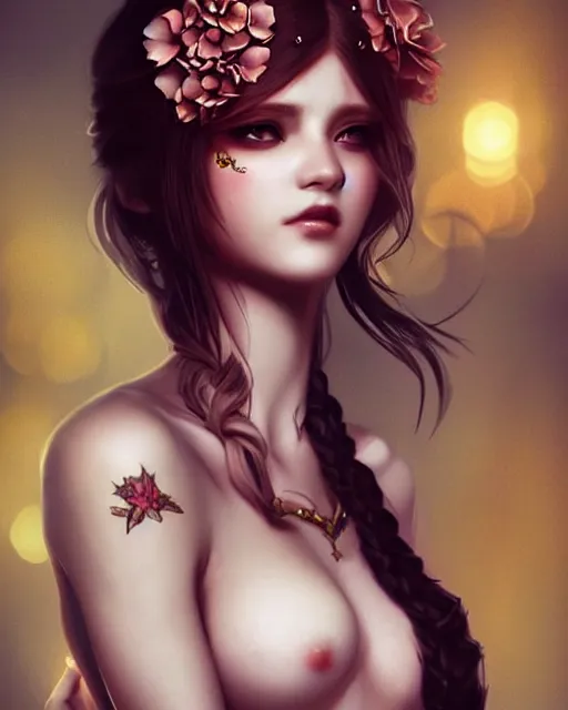 Prompt: Beautiful mafia princess with flower tattoos, dark fantasy digital art by WLOP and Artgerm, artstation, warm glow, highly detailed, art nouveau