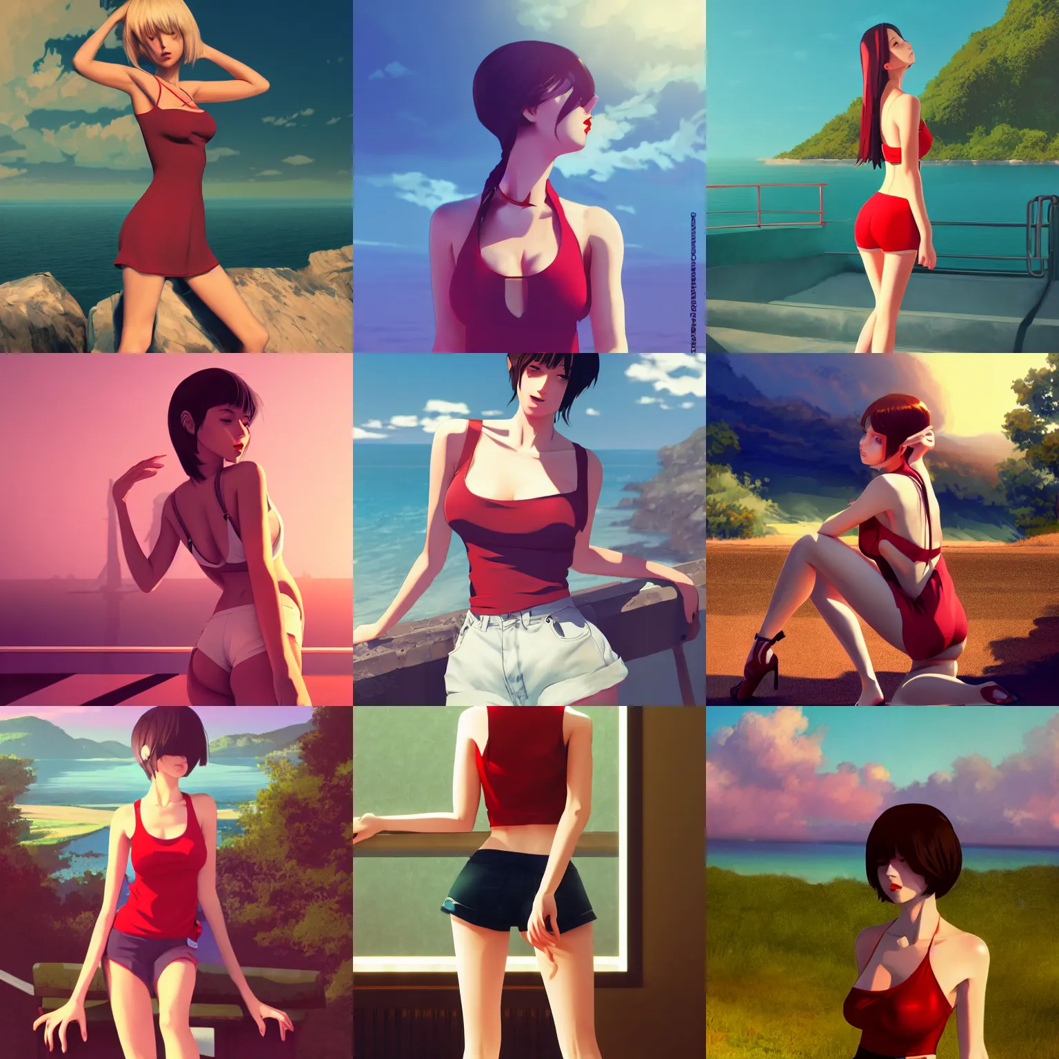 Prompt: sexy girl wearing a low cut tanktop and shorts, bending down slightly, hand on hips, luscious red lips, scenic view, in the style of ilya kuvshinov, 3 d, high definition anime art, octane render, gorgeous, sexy, pretty