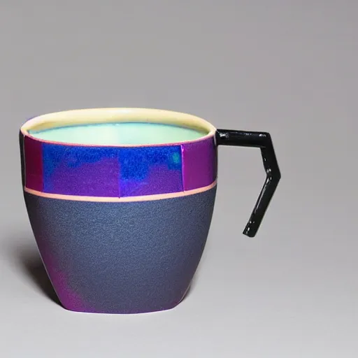 Image similar to avant - garde geometric ceramic mug with bright iridescent glaze