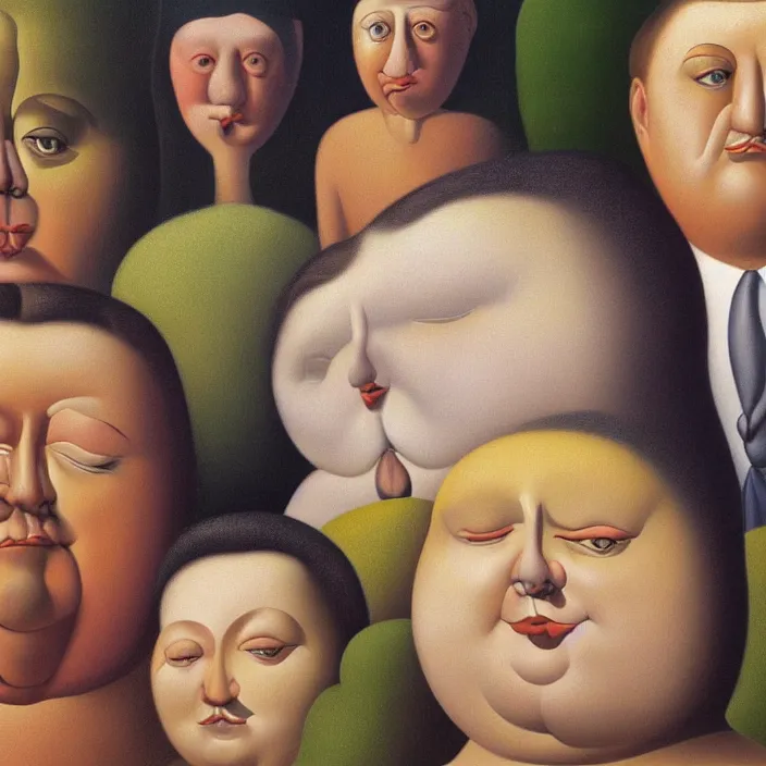 Prompt: group of people pictured in afternoon light, close - up of the faces, anatomically and proportionally correct, surrealist oil painting by botero, dora maar and rene magritte, detailed