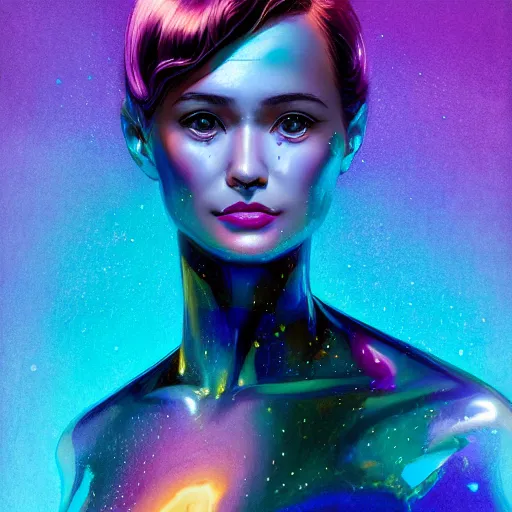 Prompt: smirking hologram woman with cute - fine - face, pretty face, oil slick hair, realistic shaded perfect face, extremely fine details, by realistic shaded lighting, dynamic background, poster by ilya kuvshinov katsuhiro otomo, magali villeneuve, artgerm, jeremy lipkin and michael garmash and rob rey, pascal blanche, kan liu