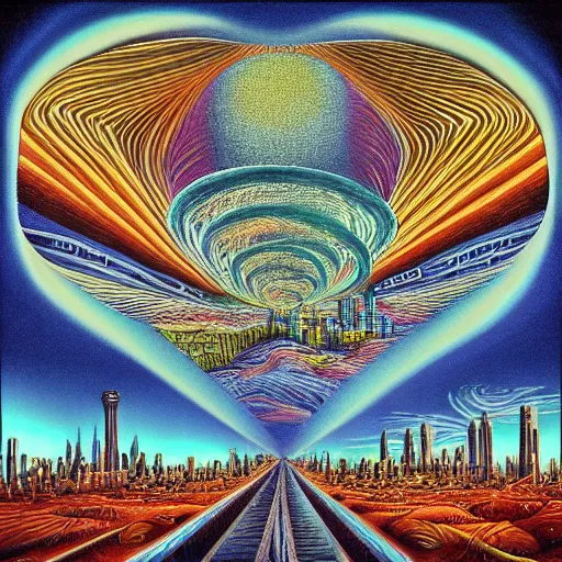 Prompt: city landscape in the style of 1 0, 0 0 0 days album, tool, alex grey