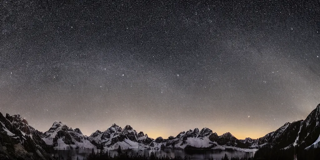 Prompt: Galactic arch, snowy mountains and lakes, in the style of National Geographic magazine, astronomical photography