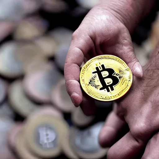 Prompt: a photograph of an archaeologist posing with ancient uncovered bitcoin coins