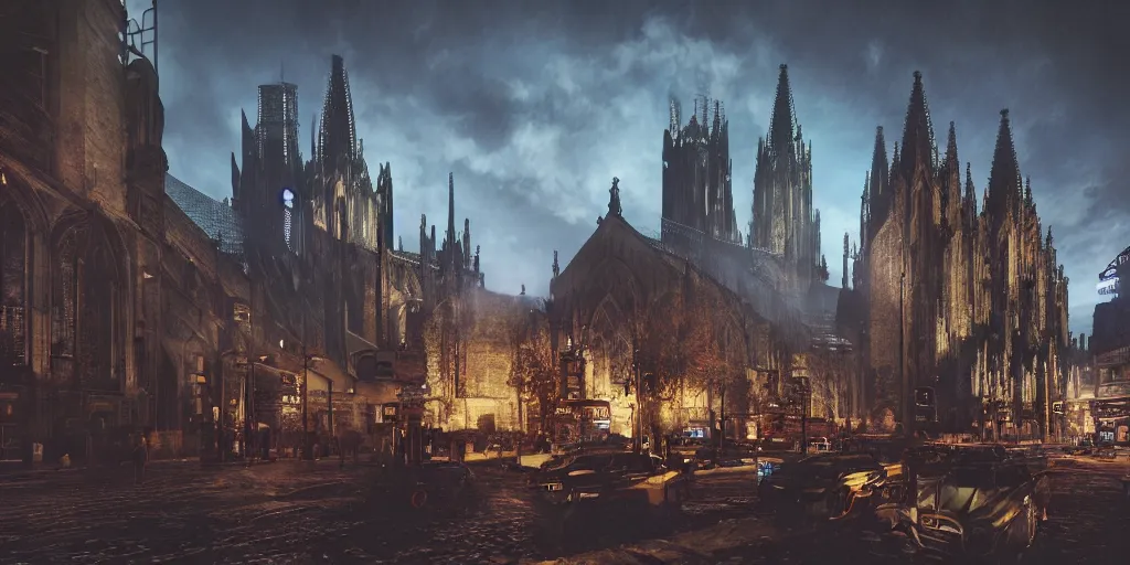 Image similar to wide shot, photorealistic art of a cyberpunk punk and steampunk Cologne Cathedral, city concept, dynamic lighting, hyper realistic, cinematic, realism