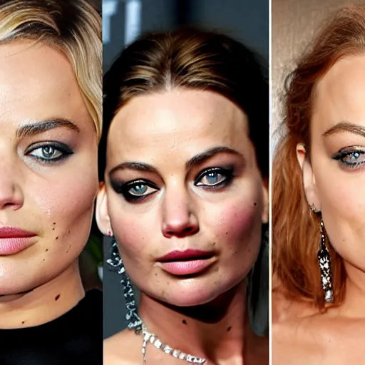 Prompt: a woman who is a genetic combination of jennifer lawrence margot robbie mila kunis lindsay lohan, medium shot, detailed eyes,