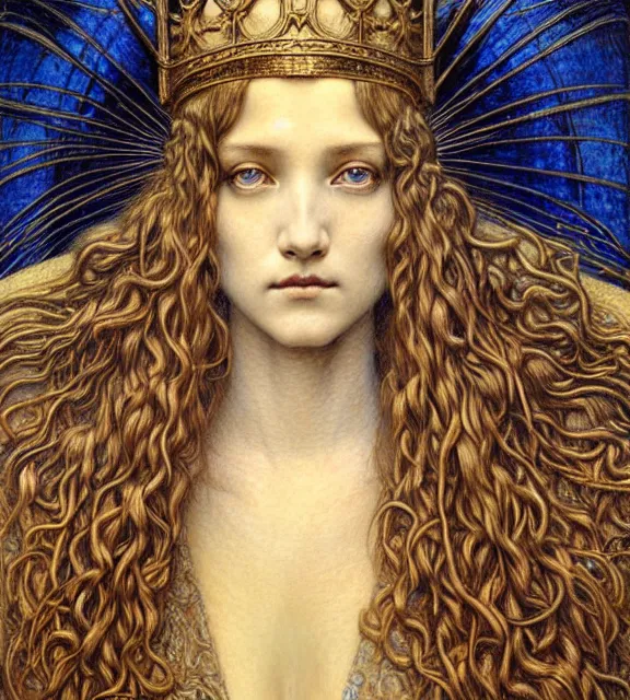 Image similar to detailed realistic beautiful young medieval queen face portrait by jean delville, gustave dore and marco mazzoni, art nouveau, symbolist, visionary, gothic, pre - raphaelite. horizontal symmetry