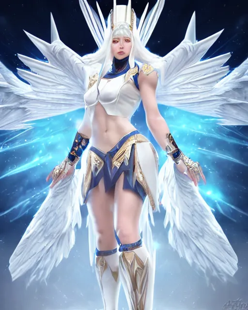 Image similar to perfect white haired egyptian goddess wearing white dove wings, warframe armor, regal, attractive, ornate, sultry, beautiful, ice queen, half asian, pretty face, blue eyes, detailed, scifi platform, 4 k, ultra realistic, epic lighting, android body, illuminated, cinematic, masterpiece, art by akihito tsukushi, voidstar