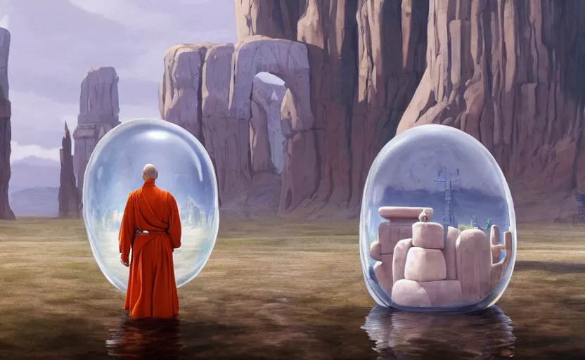 Image similar to a scary hyperrealist painting of a monk in a giant transparent bubble from howl's moving castle ( 2 0 0 4 ) in a flooded monument valley stonehenge jungle. depth perception, 4 k, artstation, in the style of studio ghibli