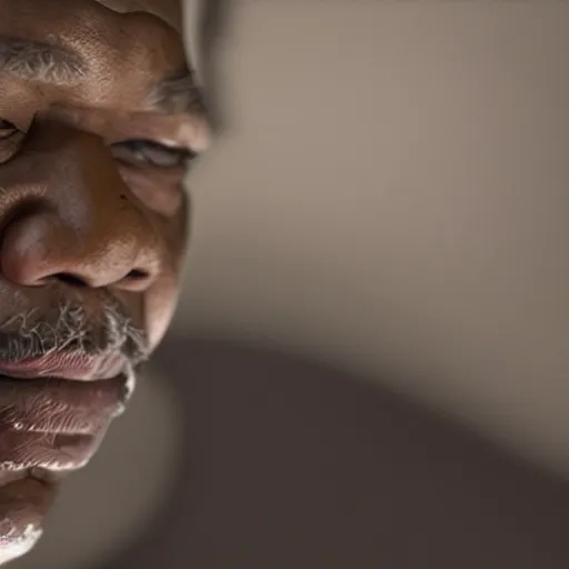 Image similar to a cinematic film still of Morgan Freeman starring as 50 Cent, portrait, 40mm lens, shallow depth of field, close up, split lighting, cinematic