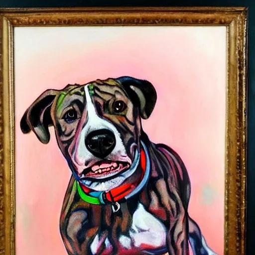 Image similar to pitbull with brindle coat and white paws and white chest on rollerblades. painting. oil painting. fun. energetic. colorful.