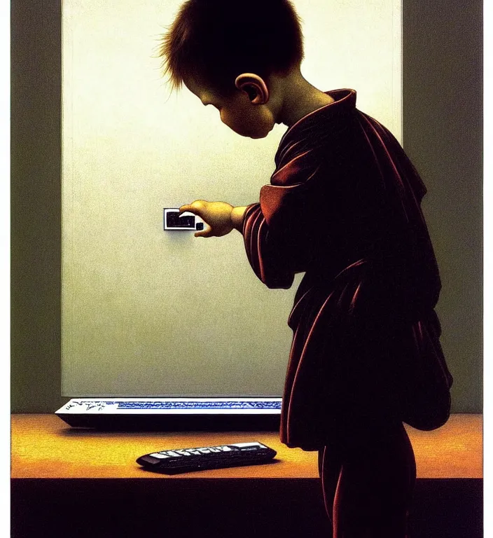 Image similar to boy looking at the PC computer from 90s by Laurie Lipton, grainy film kodak by beksinski carl spitzweg moebius and tuomas korpi. baroque elements. baroque element. intricate artwork by caravaggio. Oil painting. Trending on artstation. 8k