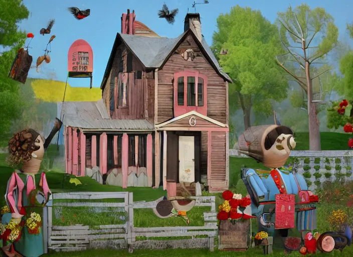 Image similar to whimsical simple folk art, lowbrow, matte painting, 3 - d highly detailed, in the style of ammi phillips,