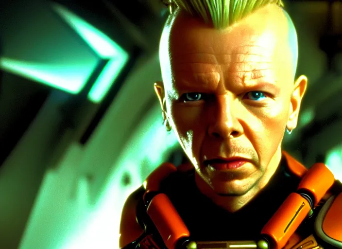 Image similar to still photo from the movie the fifth element, gary oldman, asymmetrical haircut, far future, sharp focus, highly detailed, trending on artstation, intricate, cinematic composition