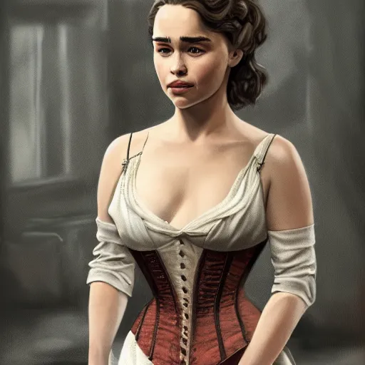 Prompt: Detailed artistic portrait of Emilia Clarke in a Old Western Corset in Westworld television show, 4k detailed artstation digital art