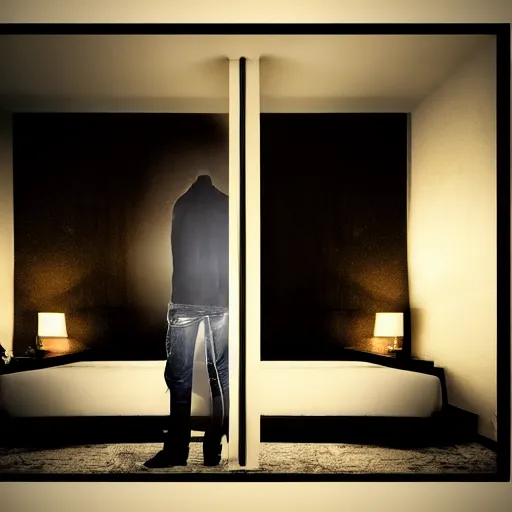 Image similar to hyper realistic photo of a room, with a tall black silhouette of a person, standing in front of a person sleeping in bed, at night