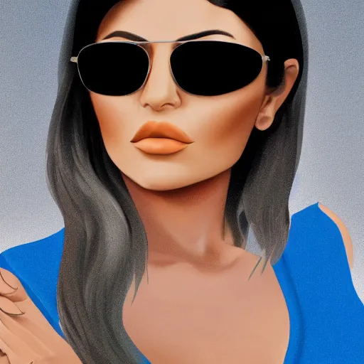 Prompt: Kylie Jenner big bust with aviators on while wearing a blue crop top with cleavage with golden chains around her neck, full shot, mk6 silver vw Jetta behind. Realistic, 4k Resolution, 8k Resolution, Detailed, Very Detailed, Highly Detailed, HD Quality, Digital Art, Trending on Artstation