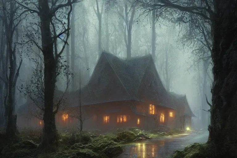 Image similar to a dark, mossy, gloomy, rainy road surrounded by woodland trees, leading to a beautiful, radiant house!!!!!!, illustrated by greg rutkowski and gaston bussiere, cgsociety contest winner, trending on artstation, intricately defined, complexly detailed, gloomy, rainy atmosphere, 4 k