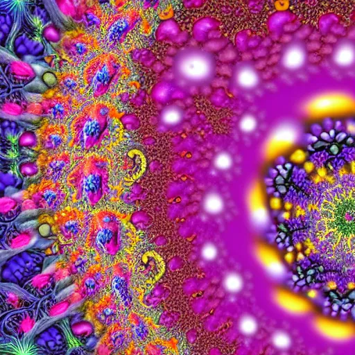 Prompt: a brightly colored ultra - realistic and very detailed painting of organic flowers constructed from elaborate fractals ; high resolution, 4 k, mandelbrot set, chaos, fractal, math, deviantart, photo - realistic