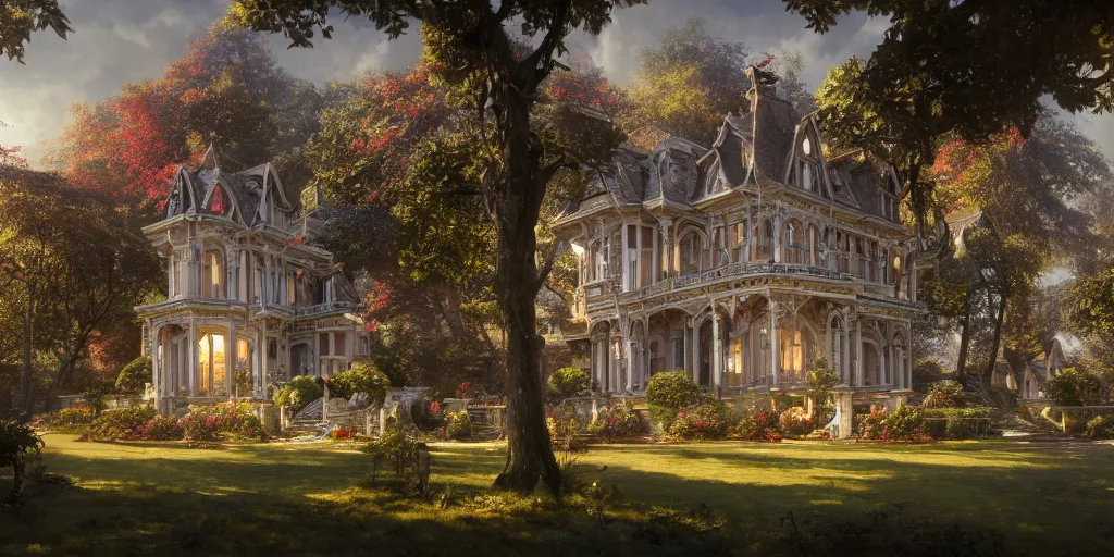 Prompt: a finely detailed photograph of a late Victorian house surrounded by beautiful gardens, view from ground level, elegant, ornate, daytime, beautifully lit scene, ray traced, octane render by Peter Mohrbacher and Peter Gric