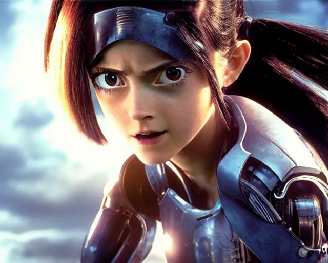 Prompt: a film still from battle angel alita played by actress emma watson, futuristic, cinematic lighting, photorealistic, lifelike, highly detailed, close - up, photorealistic, high resolution