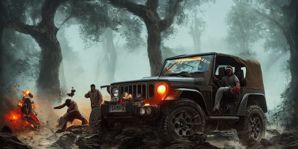 Image similar to Mahindra thar, malayalis attacking, furious action scene, an epic fantasy, dramatic lighting, cinematic, establishing shot, extremely high detail, photorealistic, cinematic lighting, artstation, by simon stalenhag, shadow of the tomb rider