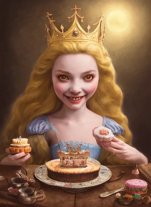 Image similar to highly detailed closeup portrait of a grinning fairytale medieval princess eating birthday cake, unreal engine, nicoletta ceccoli, mark ryden, lostfish, earl norem, global illumination, god rays, detailed and intricate environment