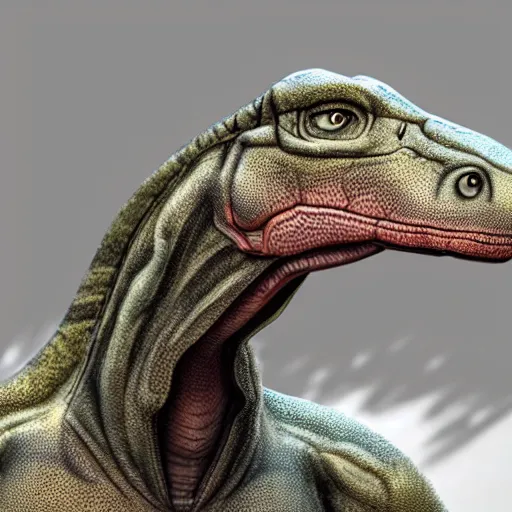 Prompt: hyper realistic rendering of a dinosaur that looks like a human, confused