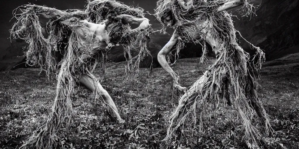 Image similar to photography of dancing with alpine tyrolean farmers transforming into root and hay monsters, edelweiss growing from their bodies, feet are roots, dolomites, alpine, detailed intricate insanely detailed octane render, 8k artistic 1920s photography, photorealistic, black and white, chiaroscuro, hd, by David Cronenberg, Raphael, Caravaggio